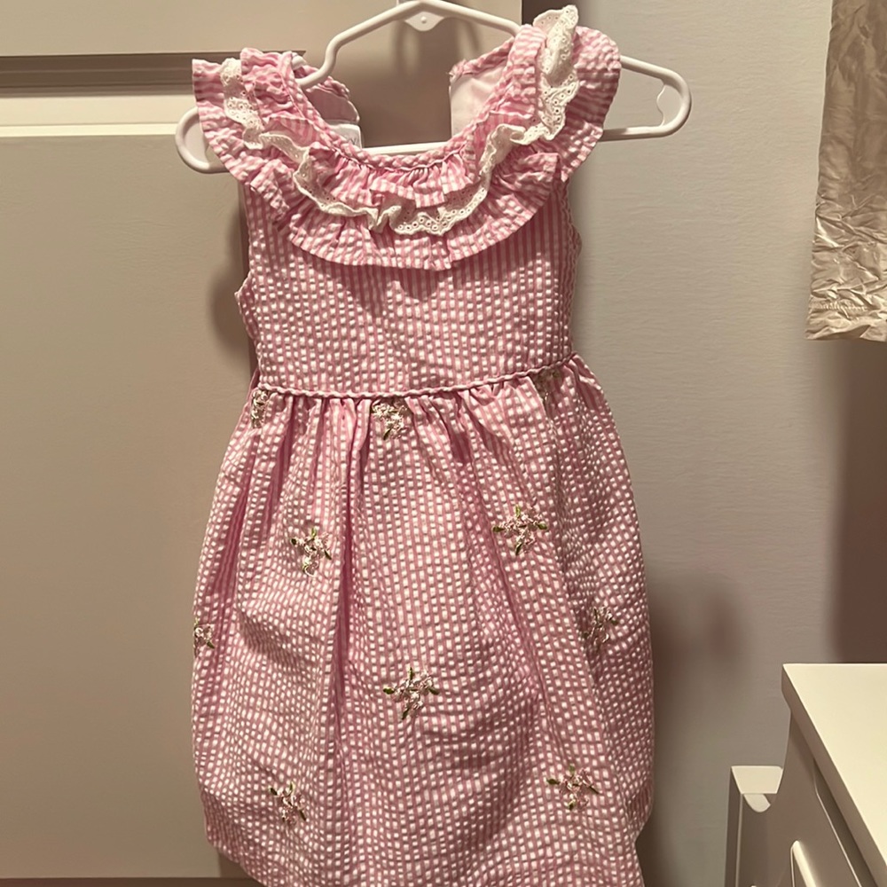 Iris & Ivy pink & white striped dress embroidered with flowers matching bloomers